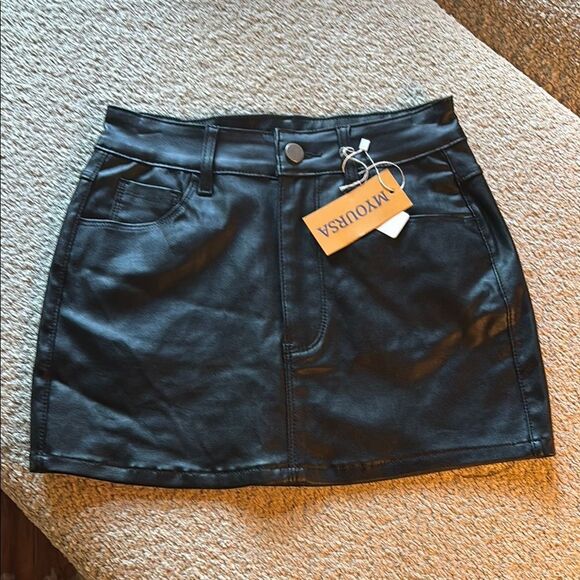 Black Faux Leather Skirt by MYOURSA - Picture 1 of 9